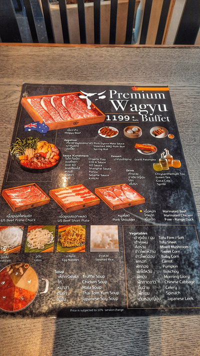 All-you-can-eat menu at Coca Chinese hotpot restaurant on Sukhumvit Soi 39, Bangkok