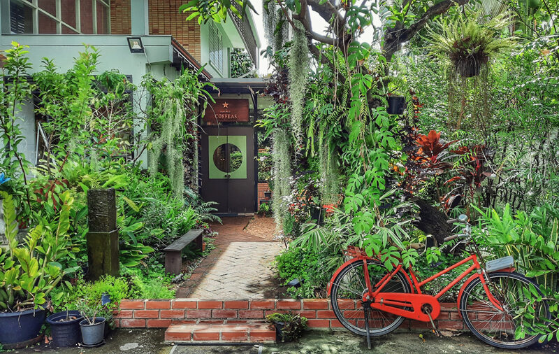 Lush garden exterior of Coffeas cafe on Ekkamai 6 alley, Bangkok